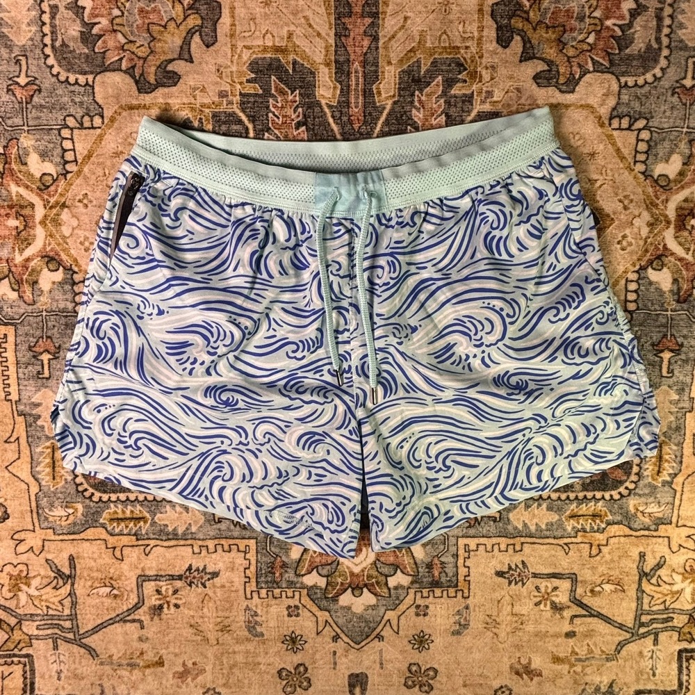 Rabbit Running Shorts Mens Large Blue White Wave Print Athletic Gym 4in Inseam